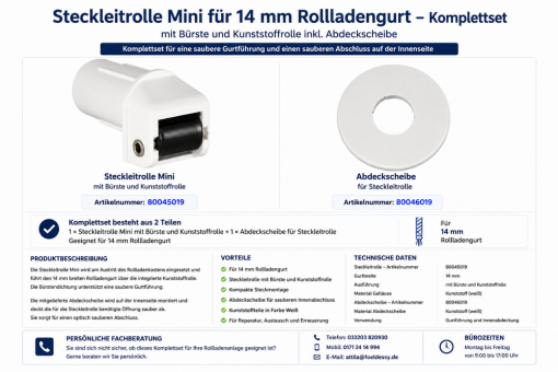 Steckleitrolle Mini für 14 mm Rollladengurt mit Bürste, Kunststoffrolle und Abdeckscheibe 