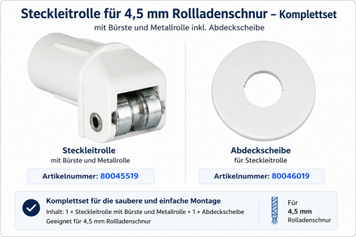 Steckleitrolle für 4,5 mm Rollladenschnur mit Bürste, Metallrolle und Abdeckscheibe 