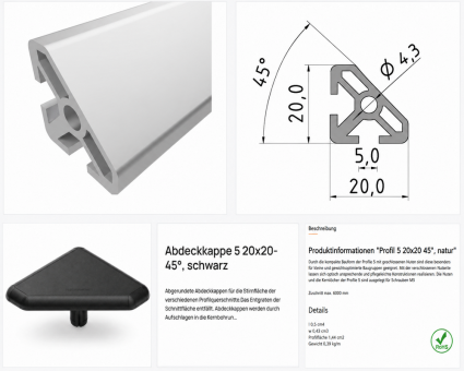 Montageprofil 20 × 20 mm – 45° – Aluminium natur – für schräge Fenster 