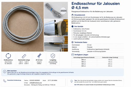 Jalousie Endlosschnur Ø 4,5 mm – Schnurzug – verschiedene Längen 